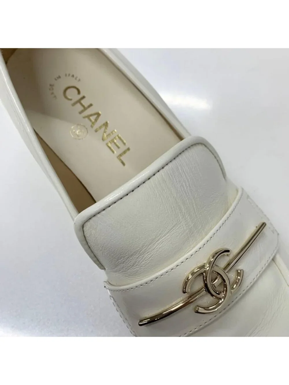 Chanel Coco Mark Leather Loafers White